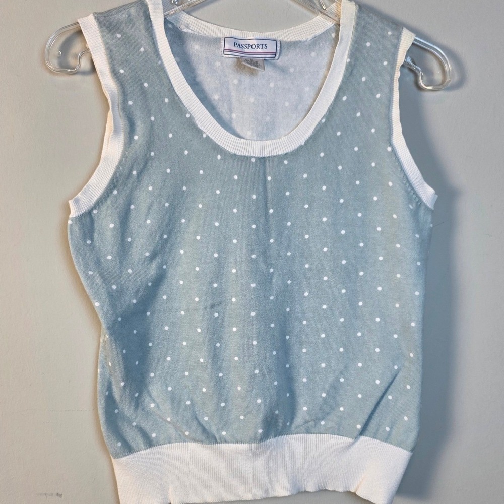 Passports Womens Sz M Polka Dot Sweater Vest Blue White Scoop Neck‎ Cotton